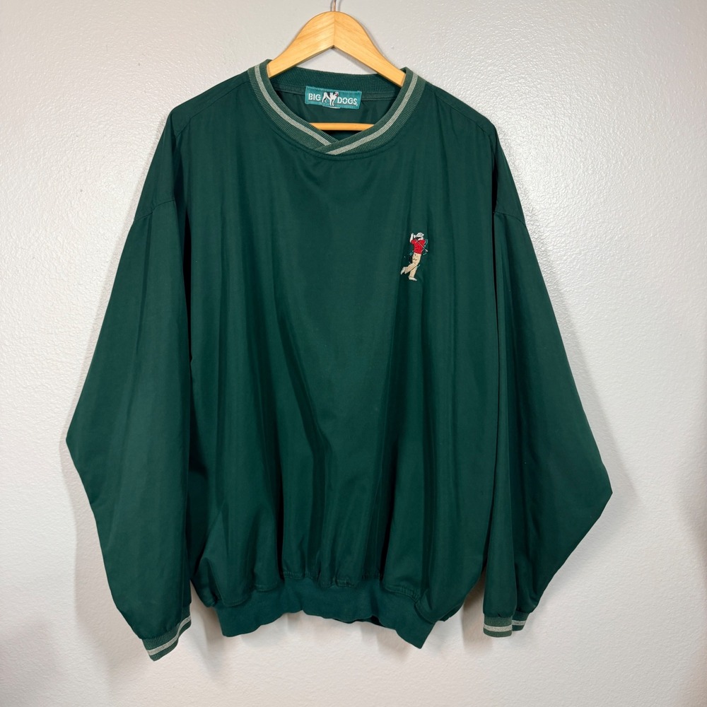 Vintage Big Dogs Windbreaker Mens XL Green Golf Pullover V-Neck Long Sleeve